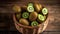 Fresh Kiwis in the basket. A basket with a handle with Kiwi on a wooden table on a light background.