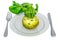 Fresh kohlrabi on plate with fork and knife, 3D rendering