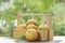 Fresh Korean pear or Nashi pear  fruit in the basket over green natural Blur background, Snow pear fruit in wooden basket.