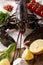 Fresh large lobster with ingredients for cooking close-up. vertical, rustic style