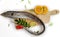 Fresh Largehead hairtail fish,Belt fish decorated with herbs and vegetables on a wooden pad.Selective focus