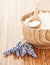 Fresh lavender flowers and wooden bowl with salt