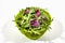 Fresh leaves of arugula and radicchio isolated on white background. Green bamboo salad bowl. Healthy food concept