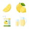 Fresh Lemon Fruit and Lemonade Set. Flat Style collection. Lemon slice and whole fruit, lemon juice packages