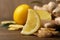 Fresh lemon and ginger on wooden table, closeup