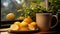 Fresh lemon slice on wooden table, nature healthy refreshment generated by AI