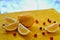 Fresh lemon slices with red berries on the wooden background with free blurred copy space. Ingredients for healthy juice