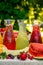 Fresh lemonade collection watermelon, orange, lemon, strawberry and berry in the street, on a wooden table with fruit