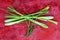 Fresh lemongrass bundle from above on red concrete table