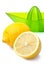 Fresh lemons and lemon juicer isolated on white