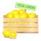 Fresh lemons in a wooden box on a white background. Vector icon.