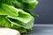 Fresh lettuce on an antique cutting board on the background of a
