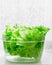 Fresh lettuce leaves soaked in transparent plastic bowl