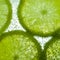 Fresh lime slices frozen in translucent ice with back lit abstract texture