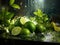 Fresh limes with mint and ice splash on dark background, closeup