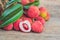 Fresh litchi fruit on an old wooden background