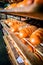 Fresh loaf on the shelf at bread factory