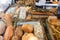 Fresh loaves of bread on display at farmers market