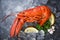 Fresh lobster food on a black plate background - red lobster dinner seafood with herb spices lemon rosemary served table and ice