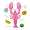 Fresh lobster with lemon slices, garlic and rosemary. Crayfish dish with herbs seasoning. Fresh crawfish with big claws