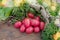 Fresh long plum tomatoes in burlap bag. Tomatoes on wooden table