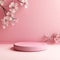 Fresh lush pink sakura flowers on branch with cylinder podium mockup in soft light pink interior on table in floral