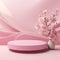 Fresh lush pink sakura flowers on branch with cylinder podium mockup in soft light white interior on table in floral