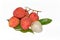 Fresh lychee fruit.Close up view of Peeled and unpeeled Lychee fruit on isolated white background with green leaves