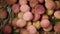 Fresh lychee fruits on rotating background. Top view. Exotic fruits, tropical palm branch. Vegan and raw food concept.