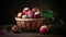 Fresh Mangosteen in bamboo basket and on old wood background. Mangosteen has been known as The Queen of Fruits, asia fruits