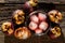 Fresh Mangosteen fruit and drink in jar on wooden background