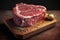 Fresh marbled meat steak on a wooden cutting board with a branch of rosemary on a dark background. AI generated