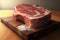 Fresh marbled meat steak on a wooden cutting board with a branch of rosemary on a dark background. AI generated