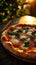 Fresh Margherita Pizza on Dark Wooden Table. A freshly baked Margherita pizza with vibrant basil leaves on a rustic dark