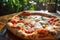 Fresh Margherita Pizza on Dark Wooden Table. A freshly baked Margherita pizza with vibrant basil leaves on a rustic dark