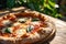 Fresh Margherita Pizza on Dark Wooden Table. A freshly baked Margherita pizza with vibrant basil leaves on a rustic dark