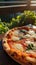 Fresh Margherita Pizza on Dark Wooden Table. A freshly baked Margherita pizza with vibrant basil leaves on a rustic dark