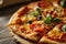 Fresh Margherita Pizza on Dark Wooden Table. A freshly baked Margherita pizza with vibrant basil leaves on a rustic dark