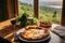 a fresh Margherita Pizza on a rustic table, with a vineyard in golden sunset light.