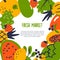 Fresh market. Vector cartoon illustration of fruits and vegetables with text space. Healthy eating template