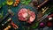 Fresh meat. Ossobuko steak on the bone with rosemary and spices. On a black stone background.