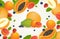 Fresh melons, grapefruits, blueberries, strawberries, and papaya. Fresh tropical fruits and berries vector cartoon