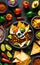 Fresh mexican food with nachos, ingredients for cooking mexican dishes with empty copy space,