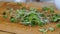 Fresh micro greens falling onto a cutting board close up