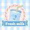 Fresh milk bottle label on seamless pattern background