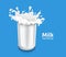 Fresh milk or cow\\\'s milk is splash on a clear glass cylindrical