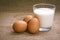 Fresh milk and egg on sacks background