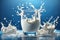 Fresh milk in a glass splashing isolated on blue background. ai generative