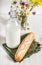 Fresh milk in old fashioned bottle with baguette