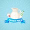 Fresh milk product dairy banner with branded milky bottles cream and kefir with banner and text vector illustration.